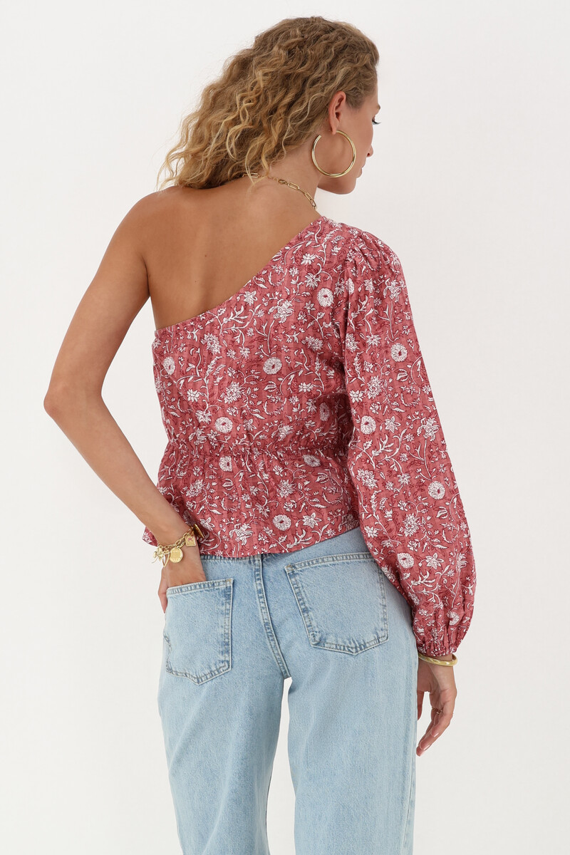 Pink one-shoulder top with peplum & floral print | My Jewellery