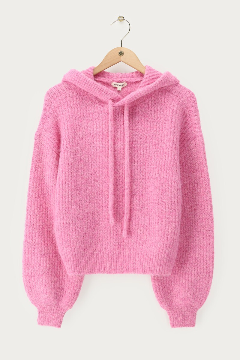 Pink oversized knitted sweater with hood | My Jewellery