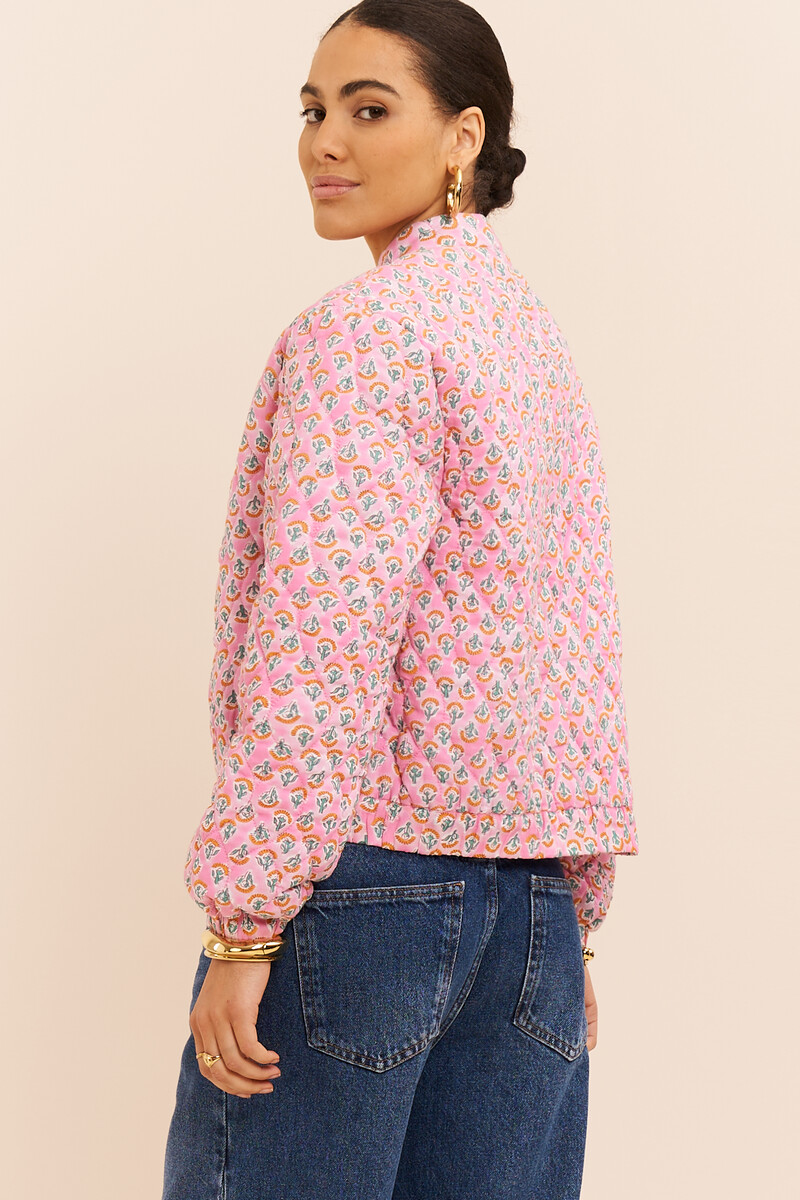 Pink quilted bomber jacket with print | My Jewellery