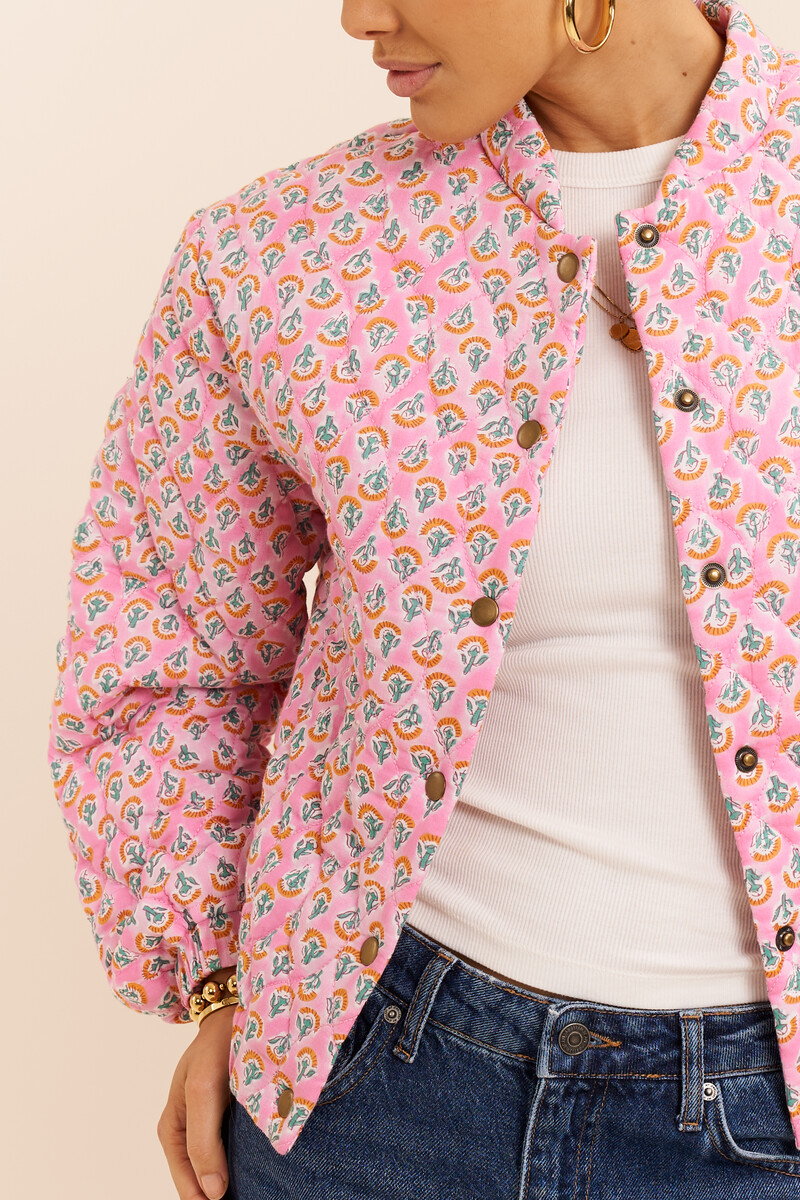 Pink quilted bomber jacket with print | My Jewellery