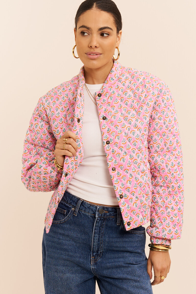 Pink quilted bomber jacket with print | My Jewellery