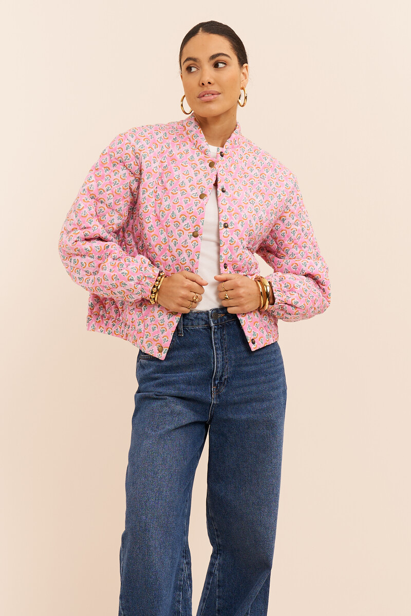 Pink quilted bomber jacket with print | My Jewellery