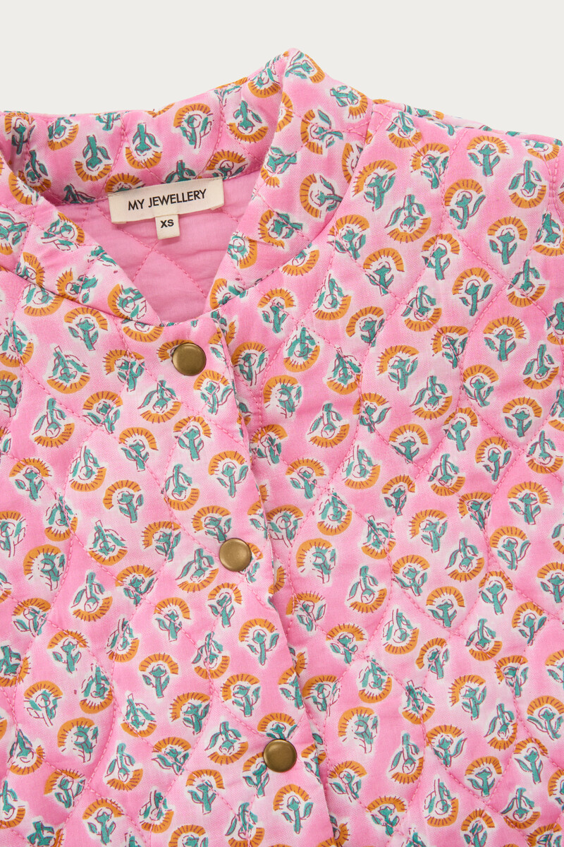 Pink quilted bomber jacket with print | My Jewellery