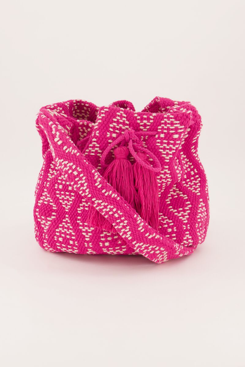 Pink round shoulder bag with woven Aztec print | My Jewellery