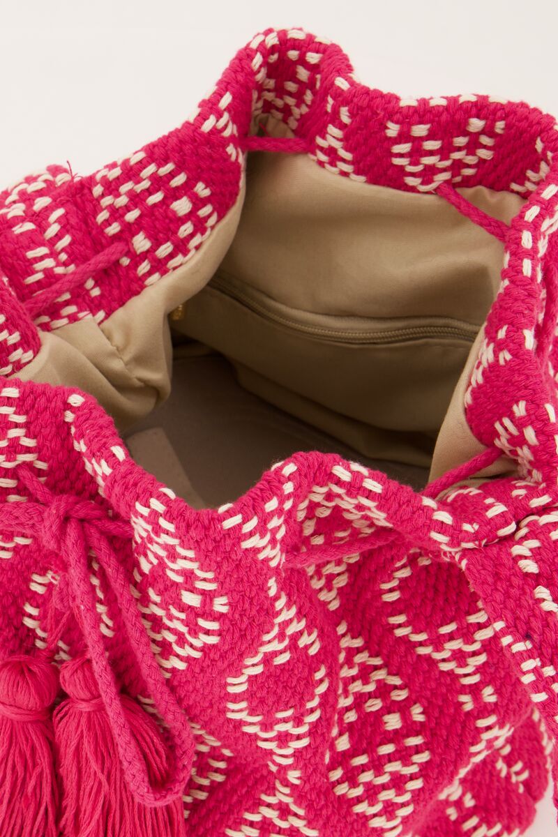 Pink round shoulder bag with woven Aztec print | My Jewellery