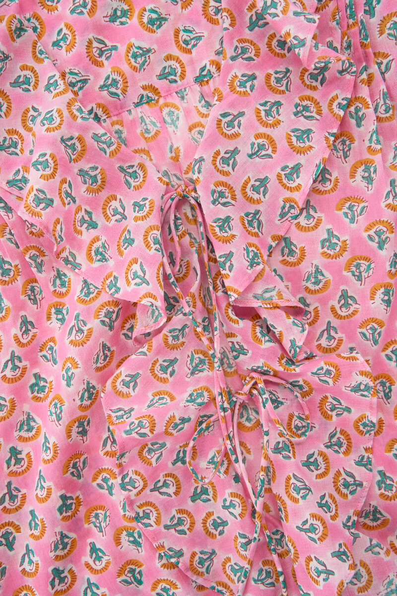 Pink ruffle top with print | My Jewellery