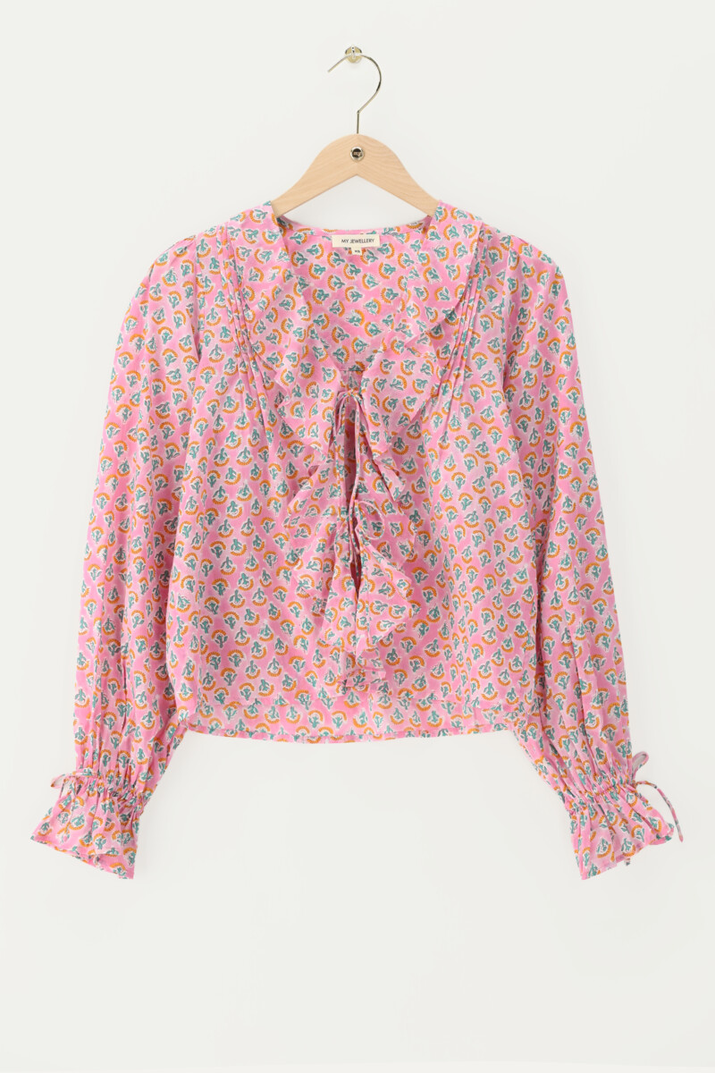 Pink ruffle top with print | My Jewellery