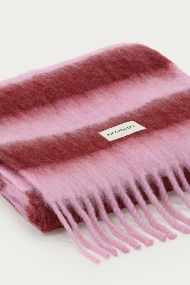 Pink scarf with burgundy stripes and fringe | My Jewellery