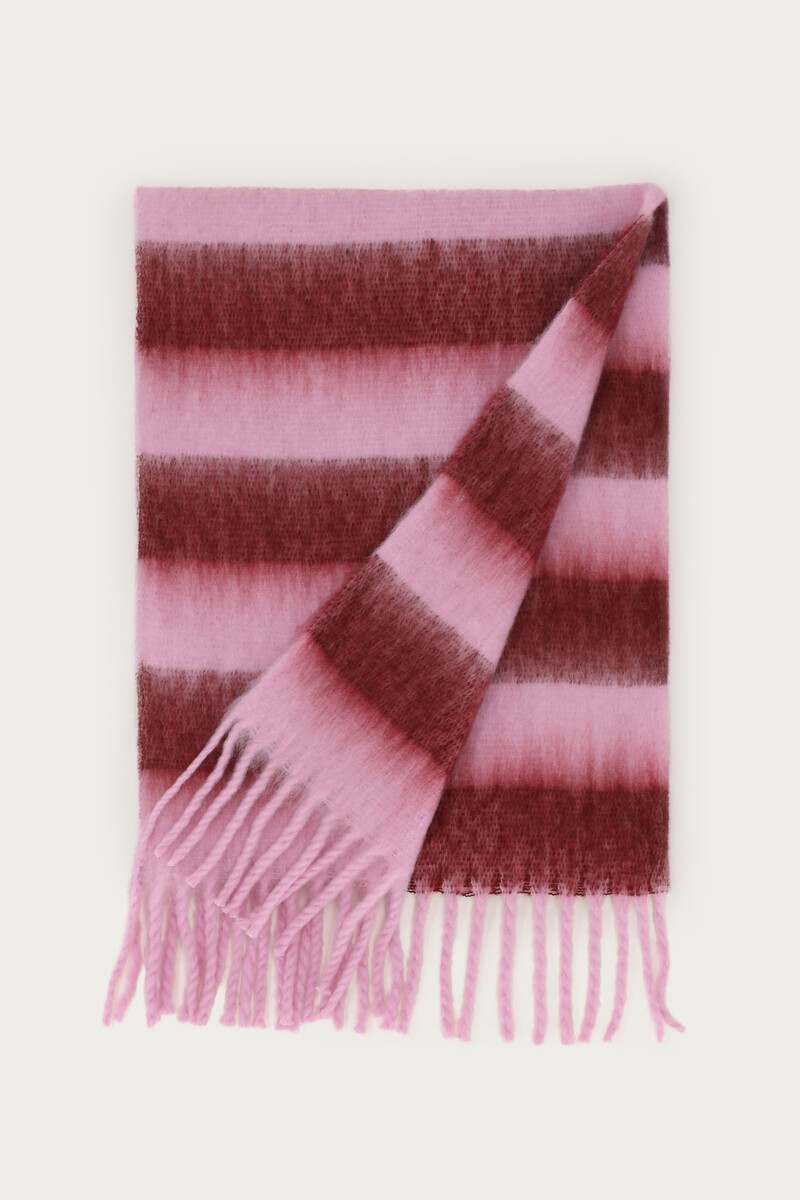 Pink scarf with burgundy stripes and fringe | My Jewellery