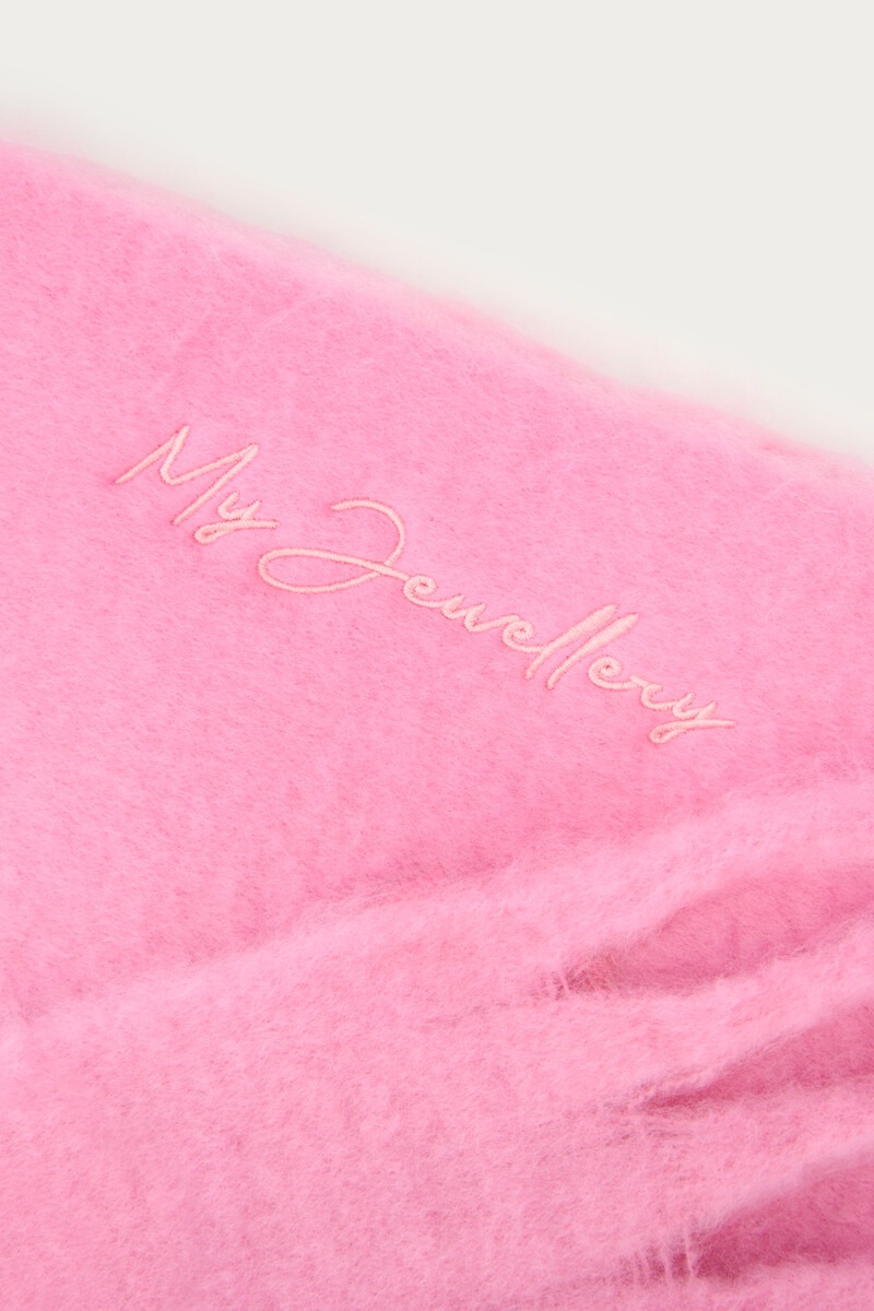 Pink scarf with fringes and My Jewellery logo | My Jewellery