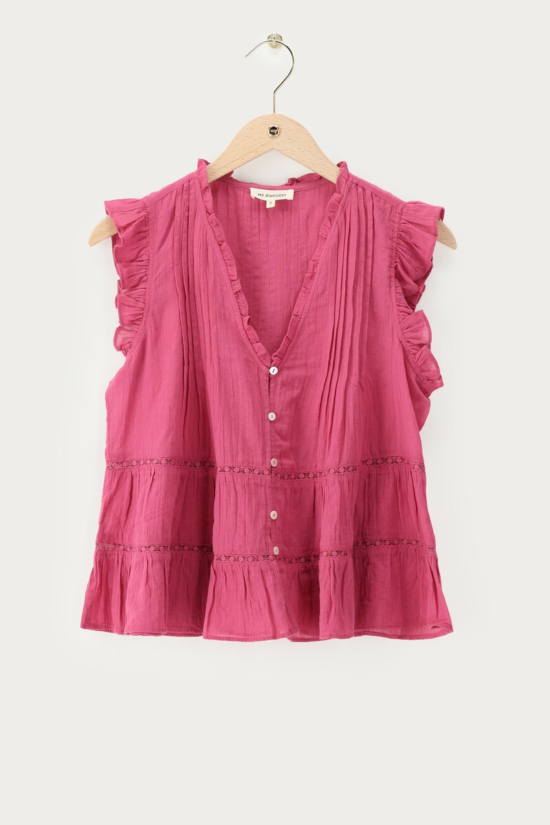 Pink sleeveless top with ruffles and a V-neck | My Jewellery
