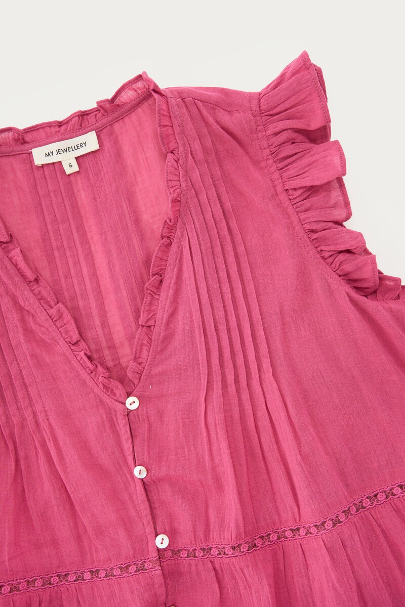Pink sleeveless top with ruffles and a V-neck | My Jewellery