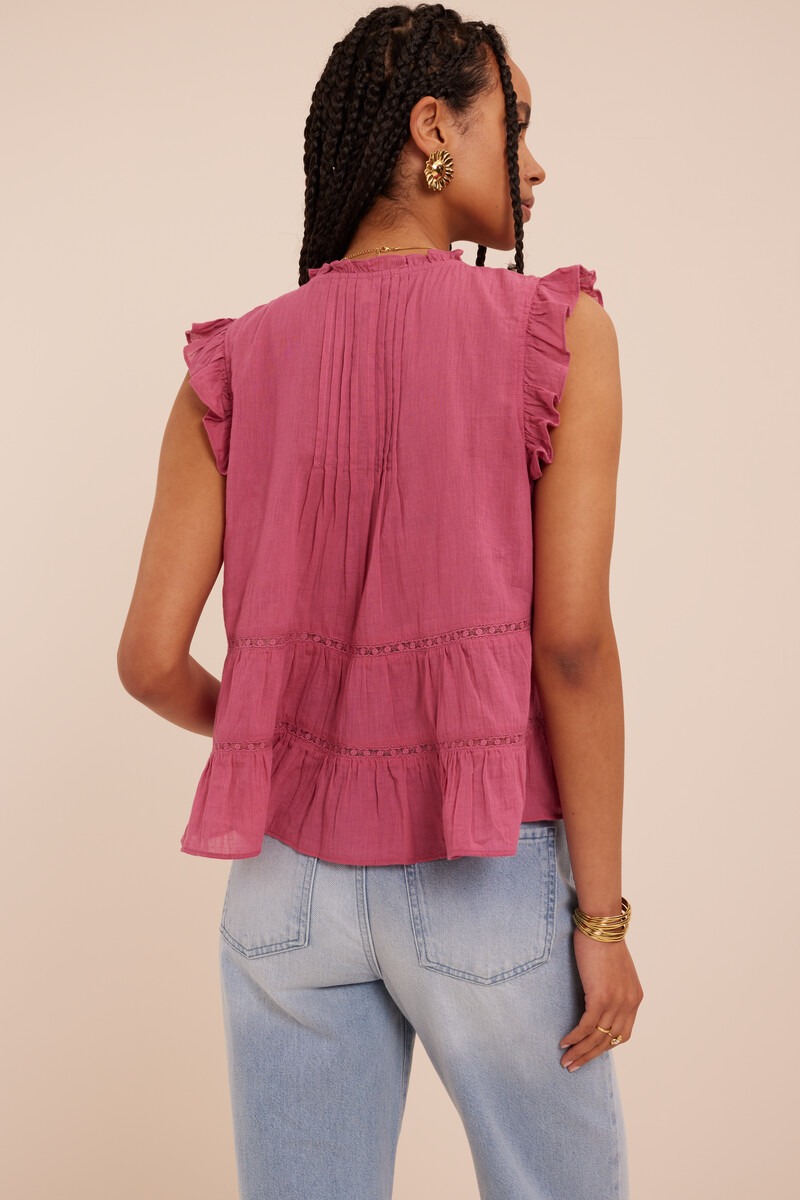 Pink sleeveless top with ruffles and V-neck | My Jewellery