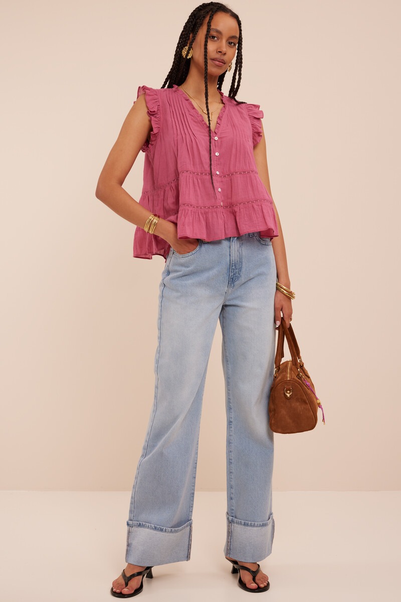 Pink sleeveless top with ruffles and V-neck | My Jewellery