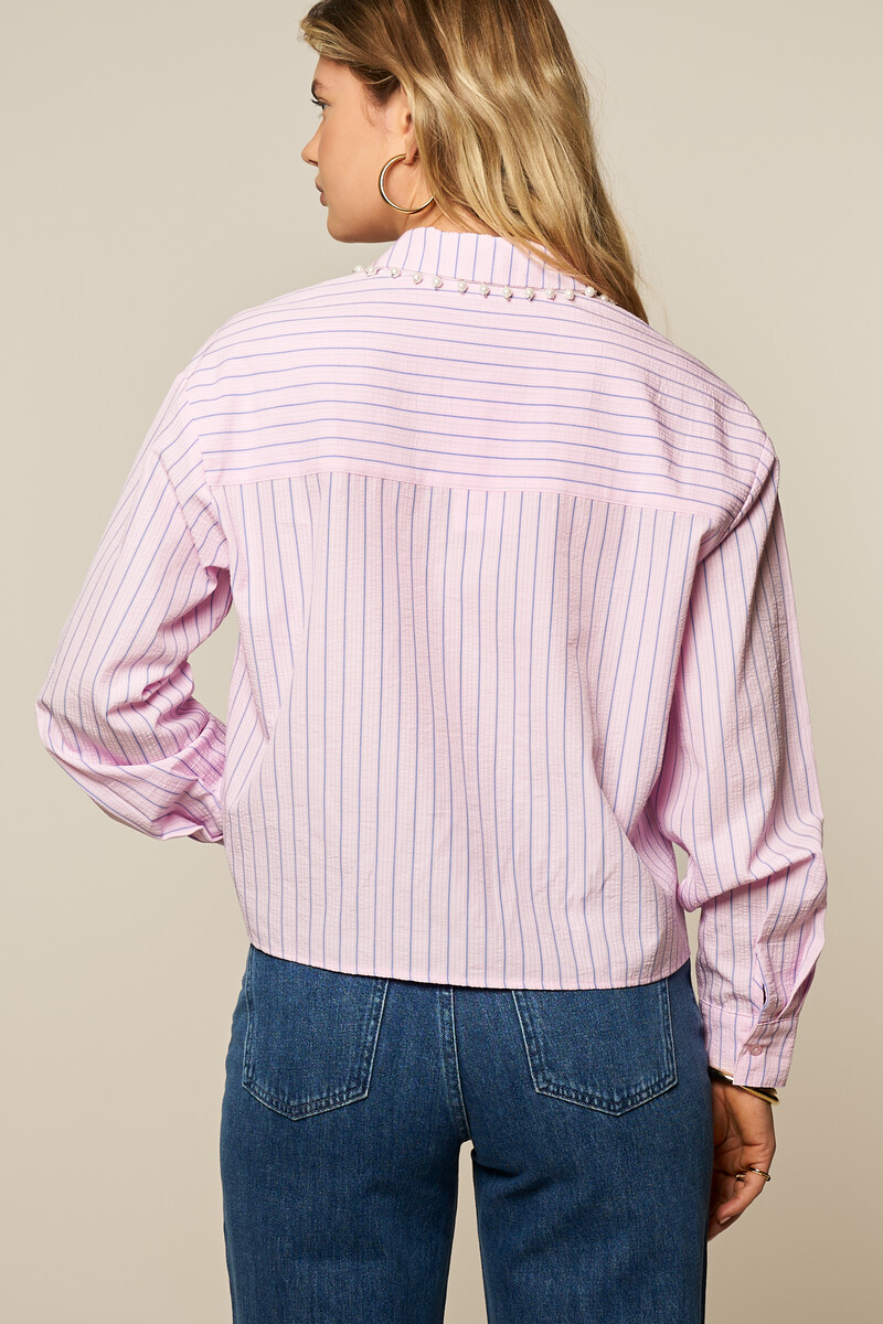 Pink striped blouse with faux pearls | My Jewellery