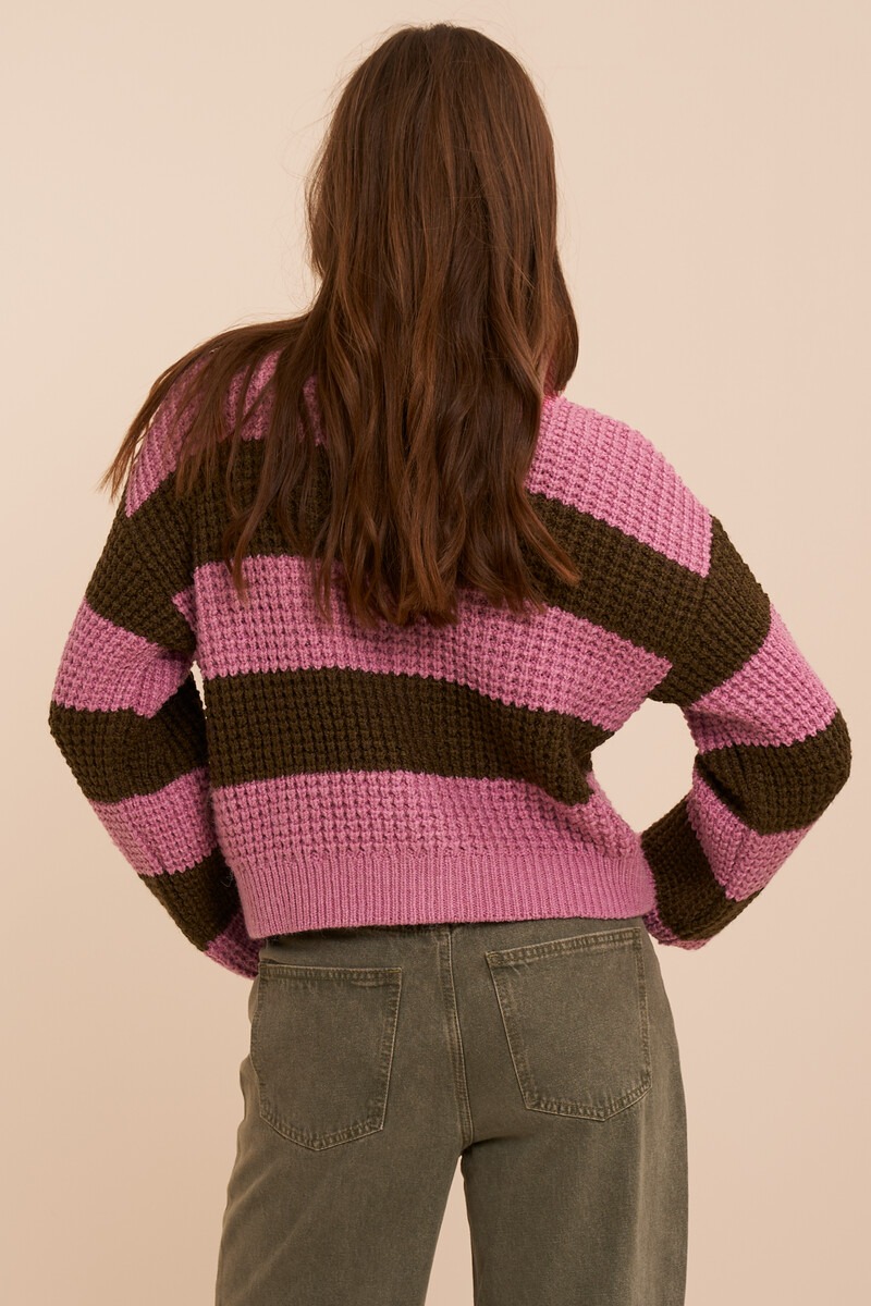 Pink striped cardigan with rhinestone buttons | My Jewellery