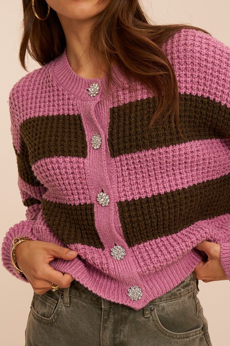 Pink striped cardigan with rhinestone buttons | My Jewellery