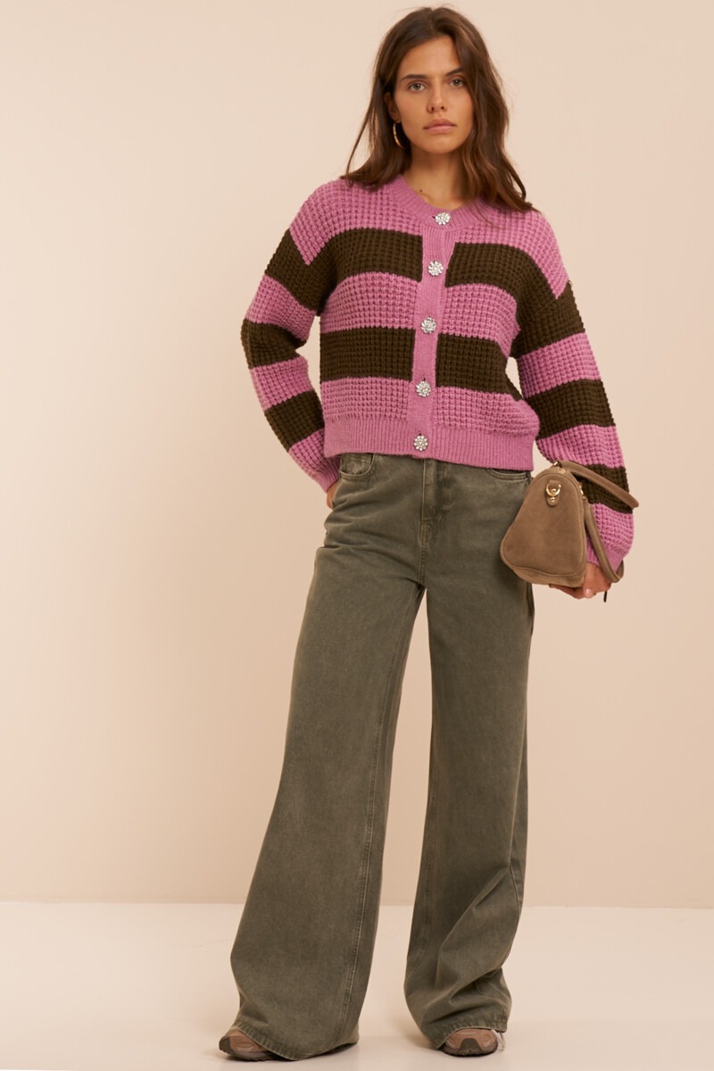 Pink striped cardigan with rhinestone buttons | My Jewellery
