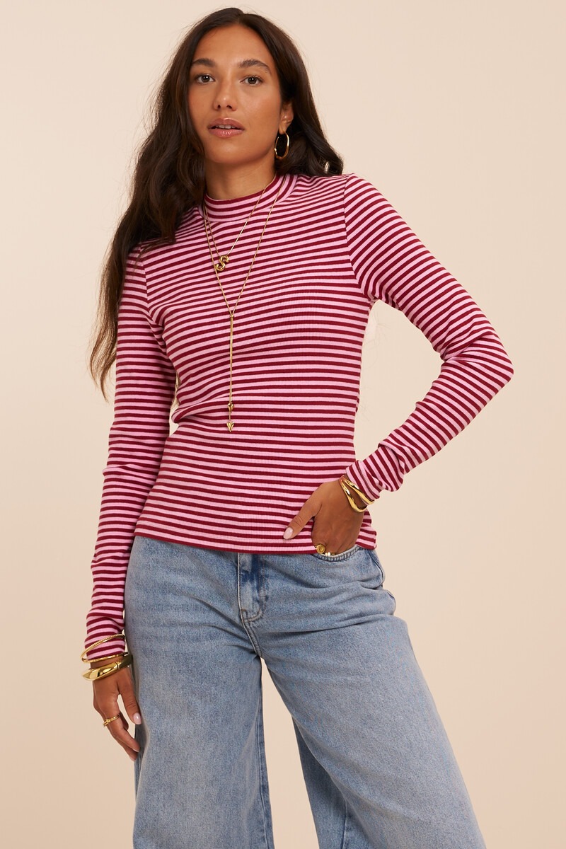 Pink striped top with rib and turtleneck | My Jewellery