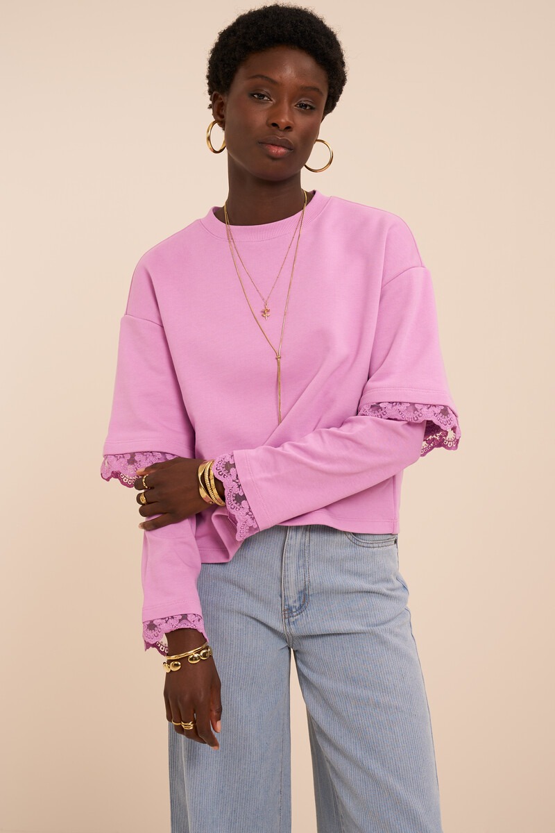 Pink sweater with double sleeves and lace details | My Jewellery