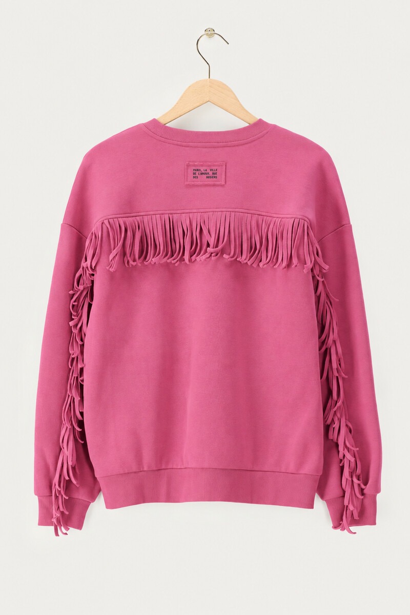 Pink sweater with fringes and label | My Jewellery