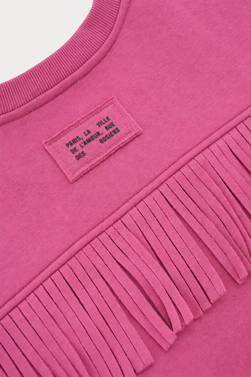 Pink sweater with fringes and label | My Jewellery