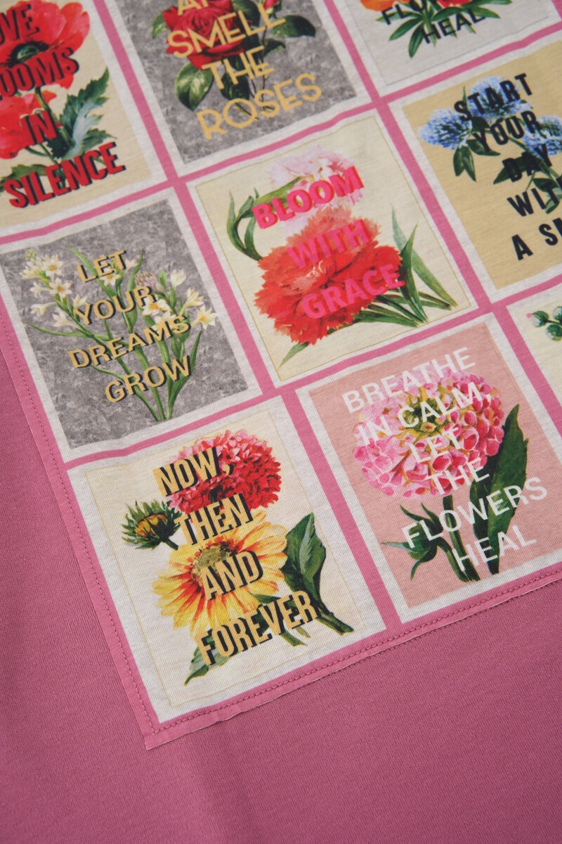 Pink T-shirt with floral print squares | My Jewellery