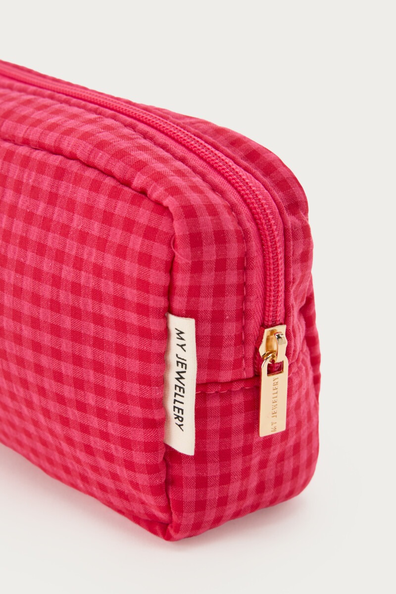 Pink toiletry bag with red check | My Jewellery