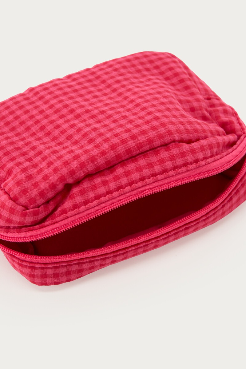 Pink toiletry bag with red check | My Jewellery