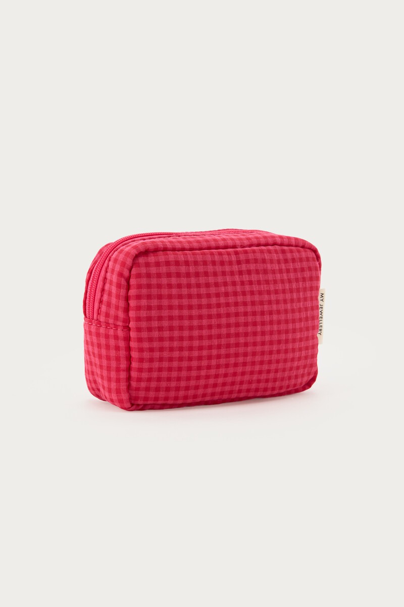 Pink toiletry bag with red check | My Jewellery