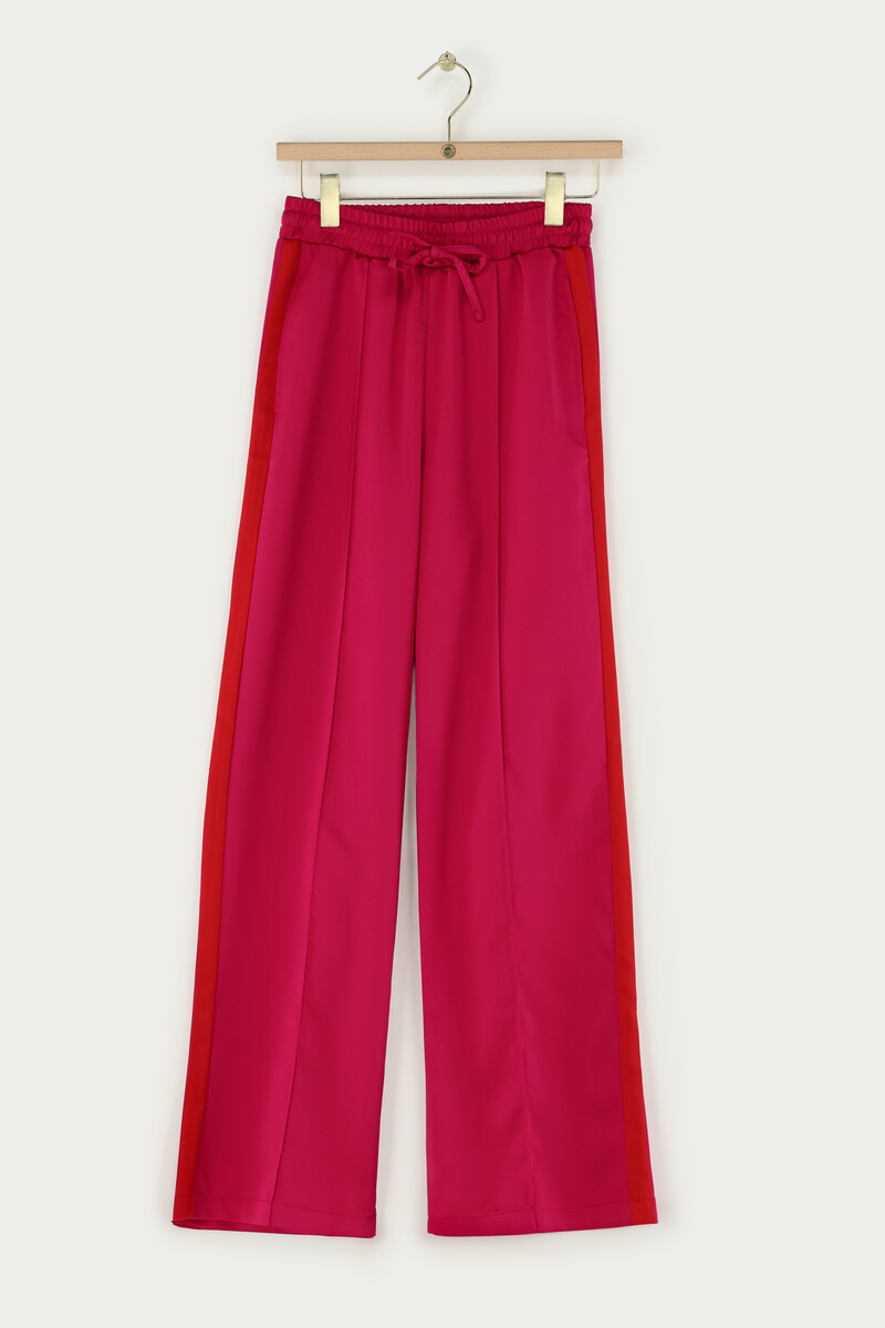 Pink wide leg trousers with red side stripe | My Jewellery