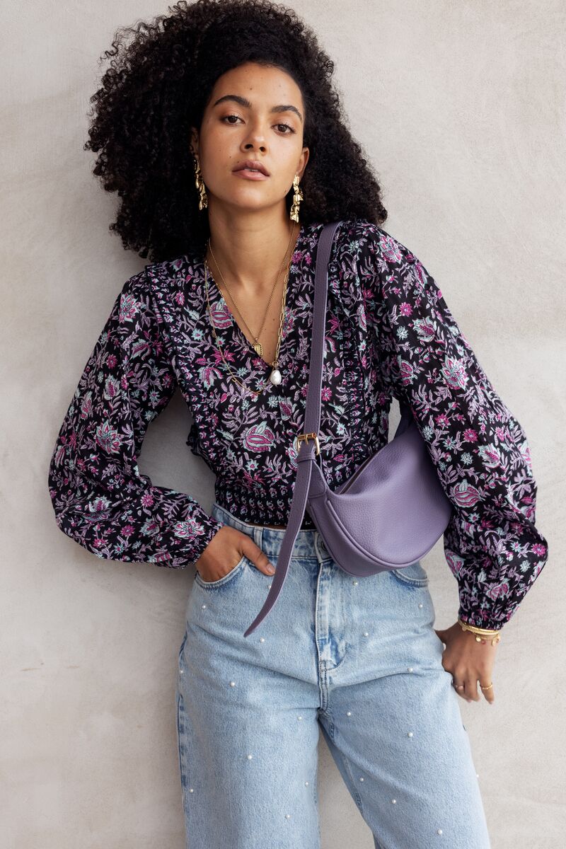 Black crop top with lilac and pink flower print | My Jewellery