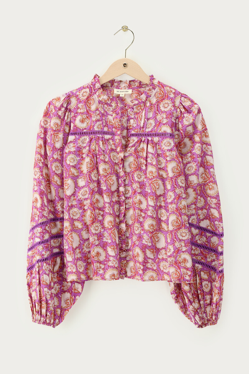 Purple blouse with floral print and tapes | My Jewellery
