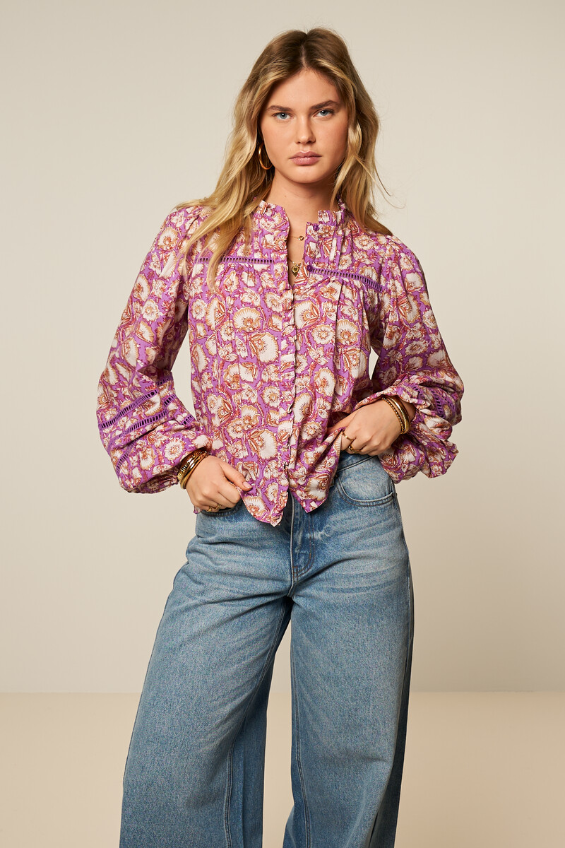 Purple blouse with floral print and tapes | My Jewellery