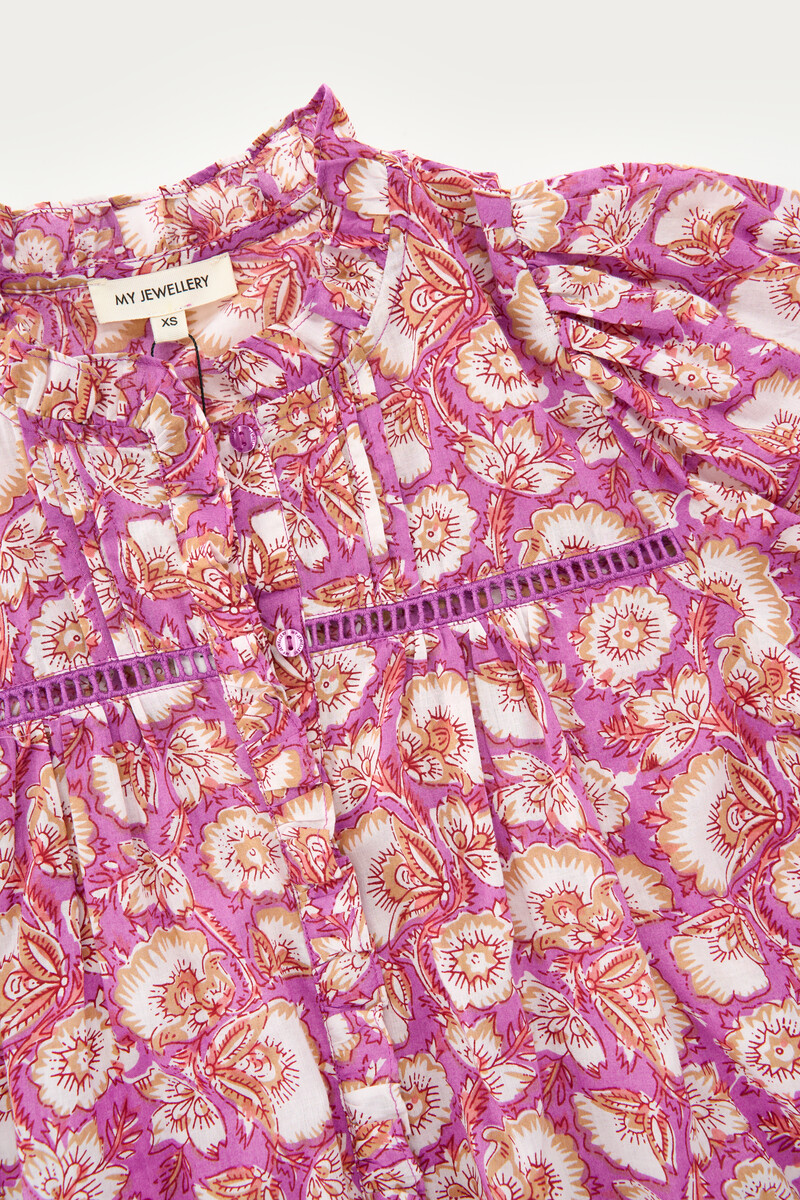 Purple blouse with floral print and tapes | My Jewellery