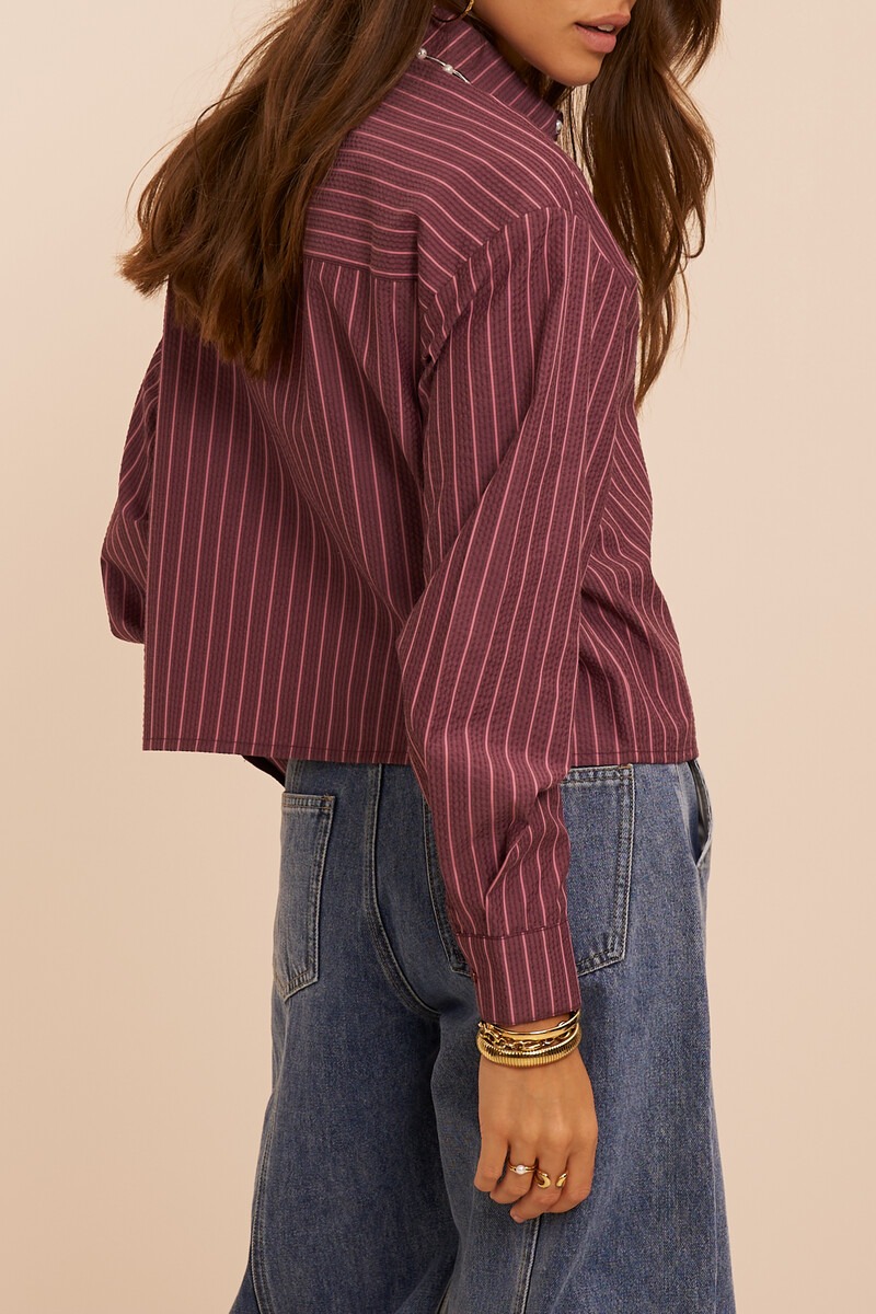 Purple blouse with stripes and faux pearls | My Jewellery