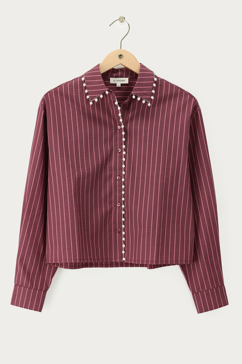 Purple blouse with stripes and faux pearls | My Jewellery