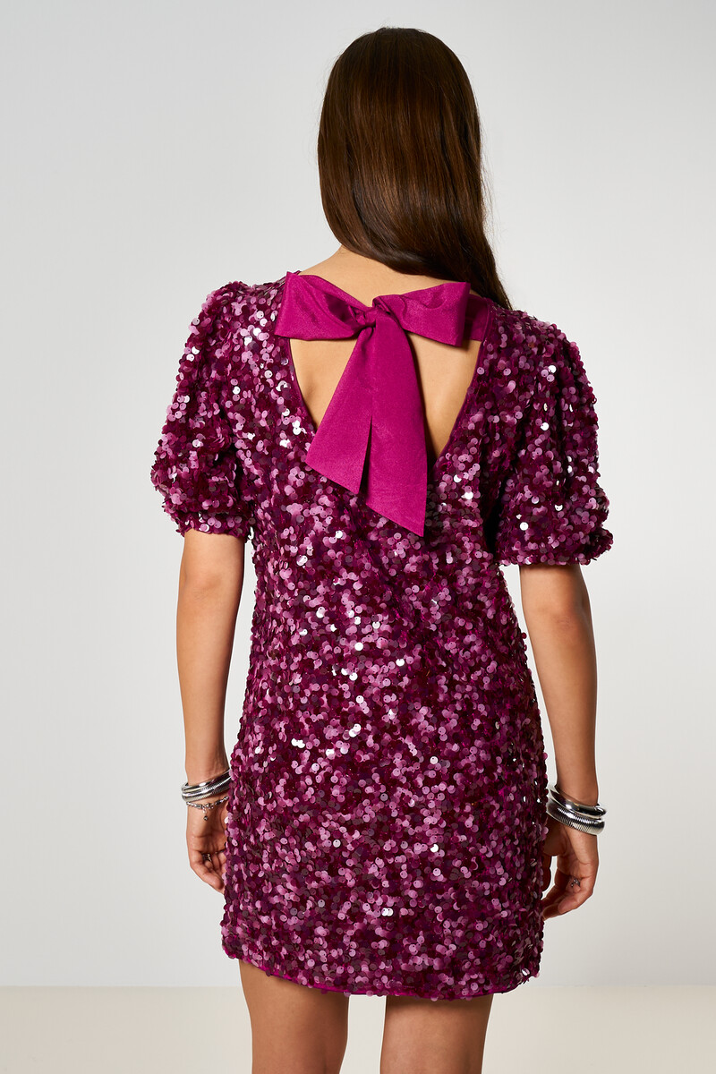 Purple dress with puff sleeves and sequins | My Jewellery