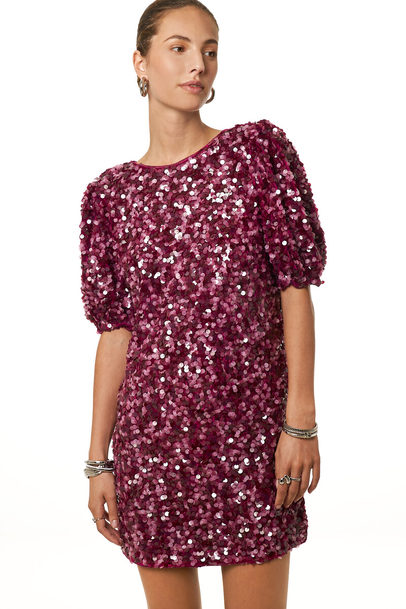 Purple dress with puff sleeves and sequins | My Jewellery