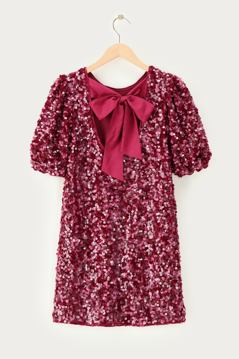 Purple dress with puff sleeves and sequins | My Jewellery