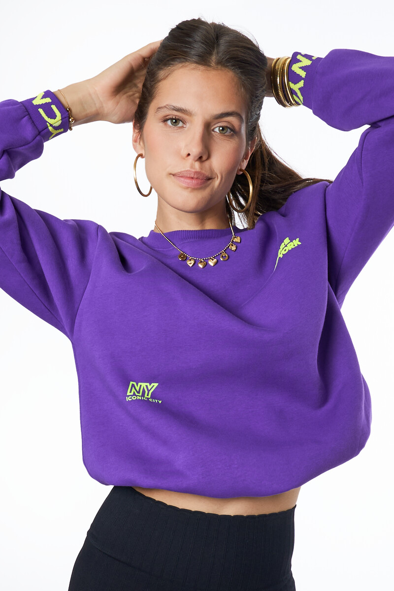 Purple sweater "J'adore" | My jewellery