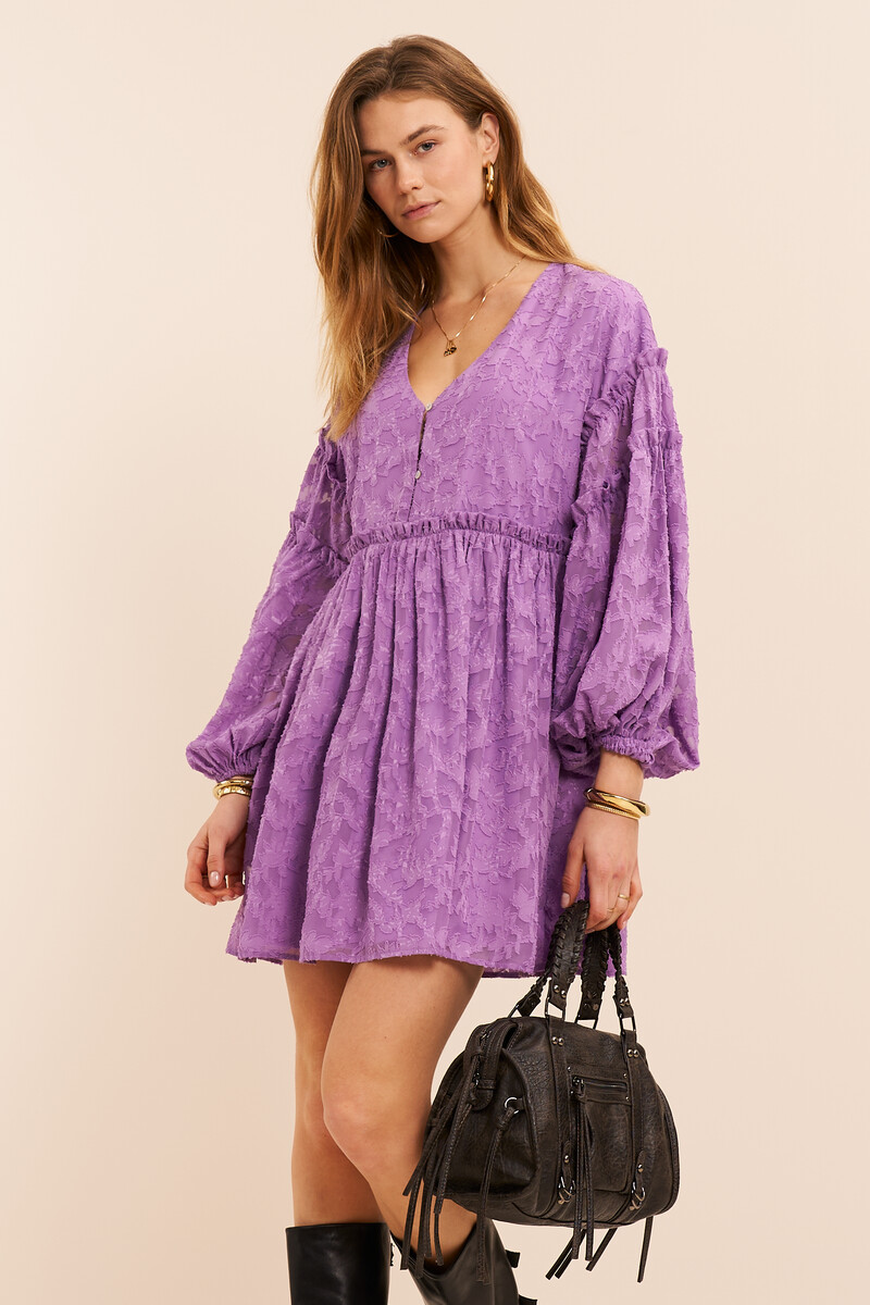 Purple jacquard dress with ruffles | My Jewellery