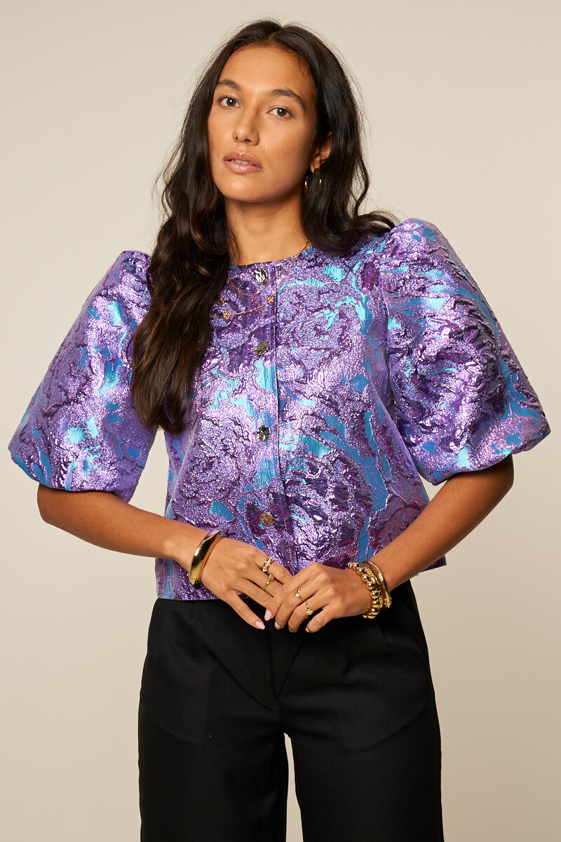 Purple jacquard top with short puff sleeves | My Jewellery