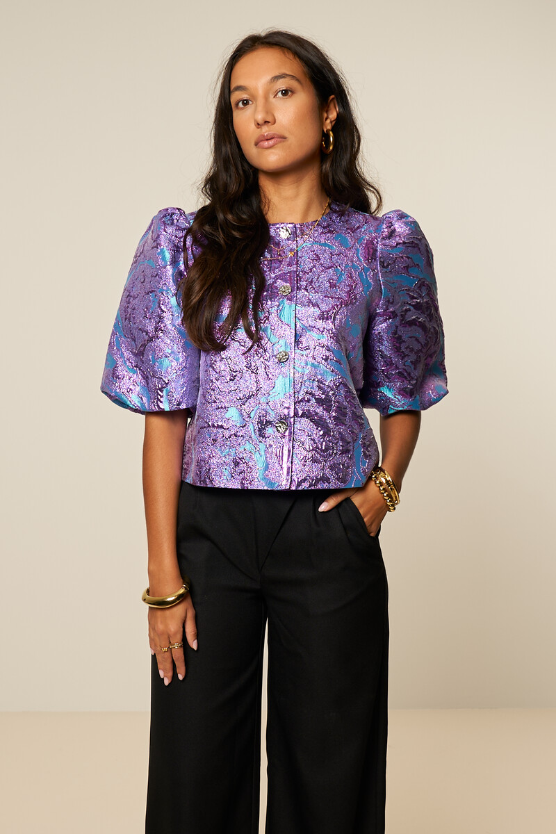 Purple jacquard top with short puff sleeves | My Jewellery