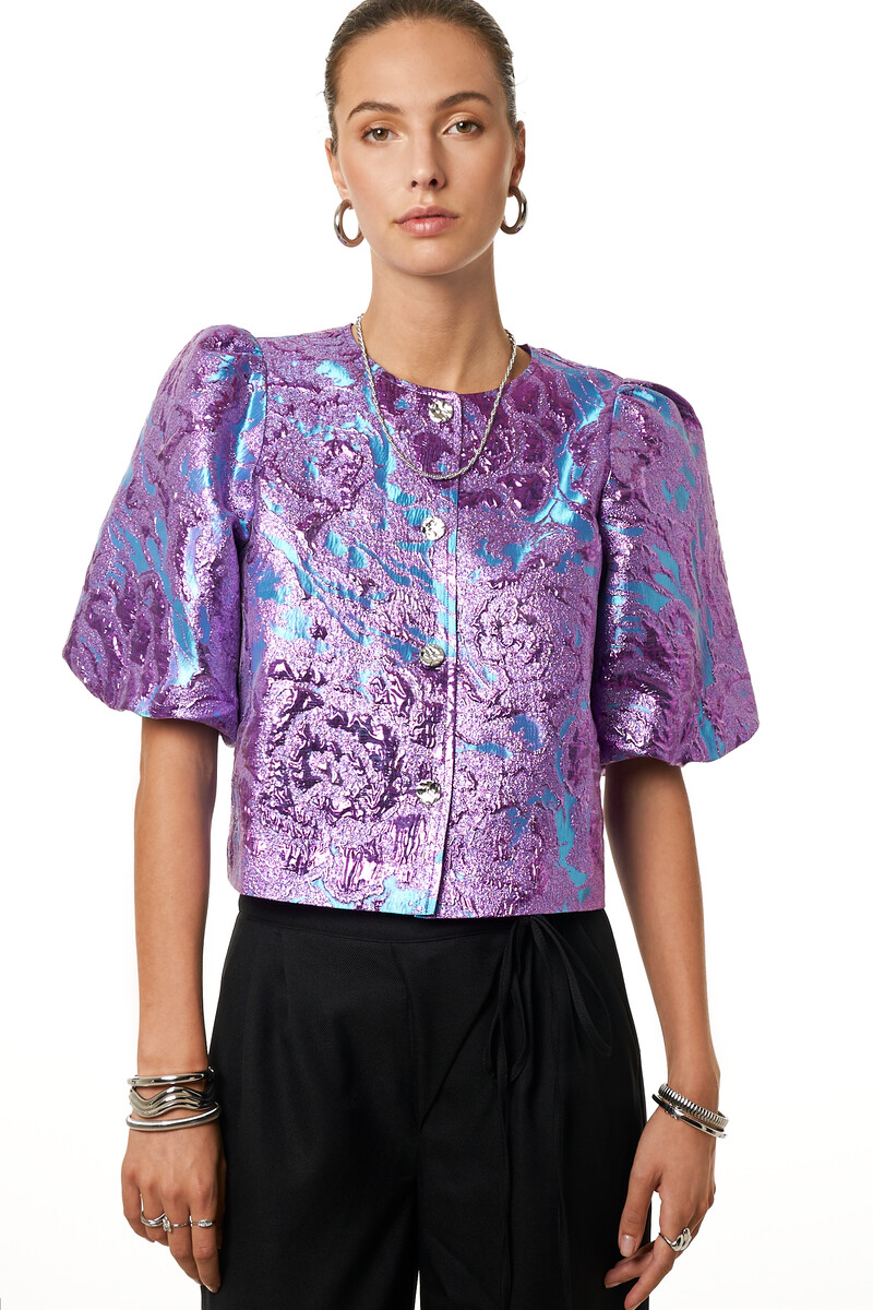 Purple jacquard top with short puff sleeves | My Jewellery