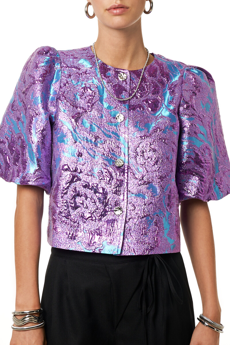 Purple jacquard top with short puff sleeves | My Jewellery