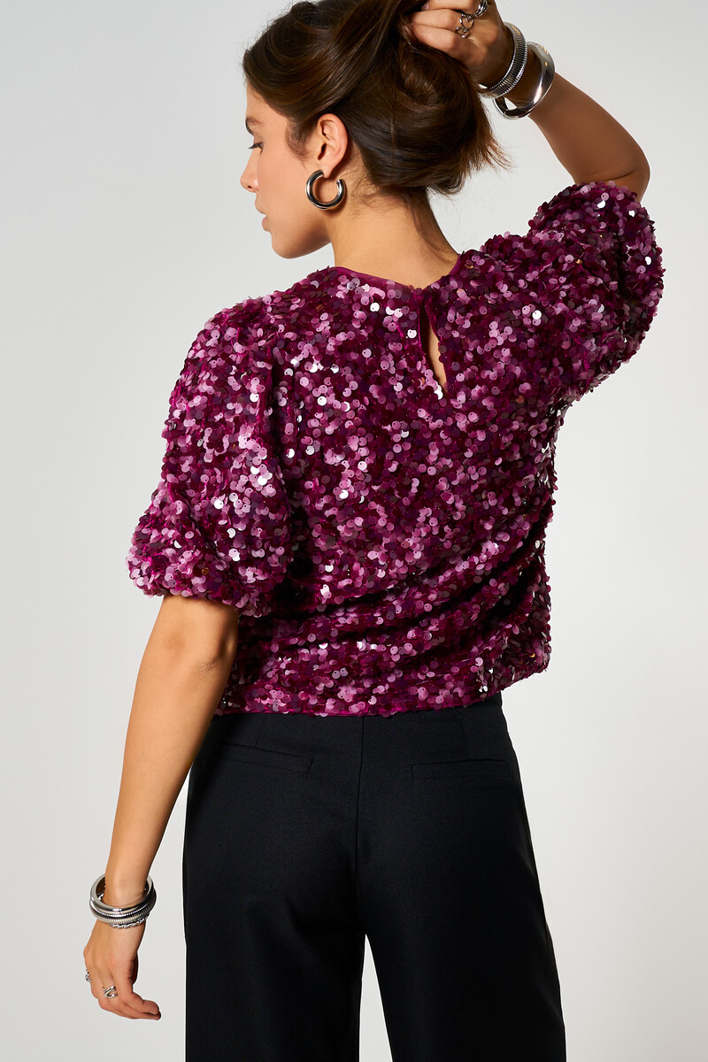 Purple top with puff sleeves and sequins | My Jewellery