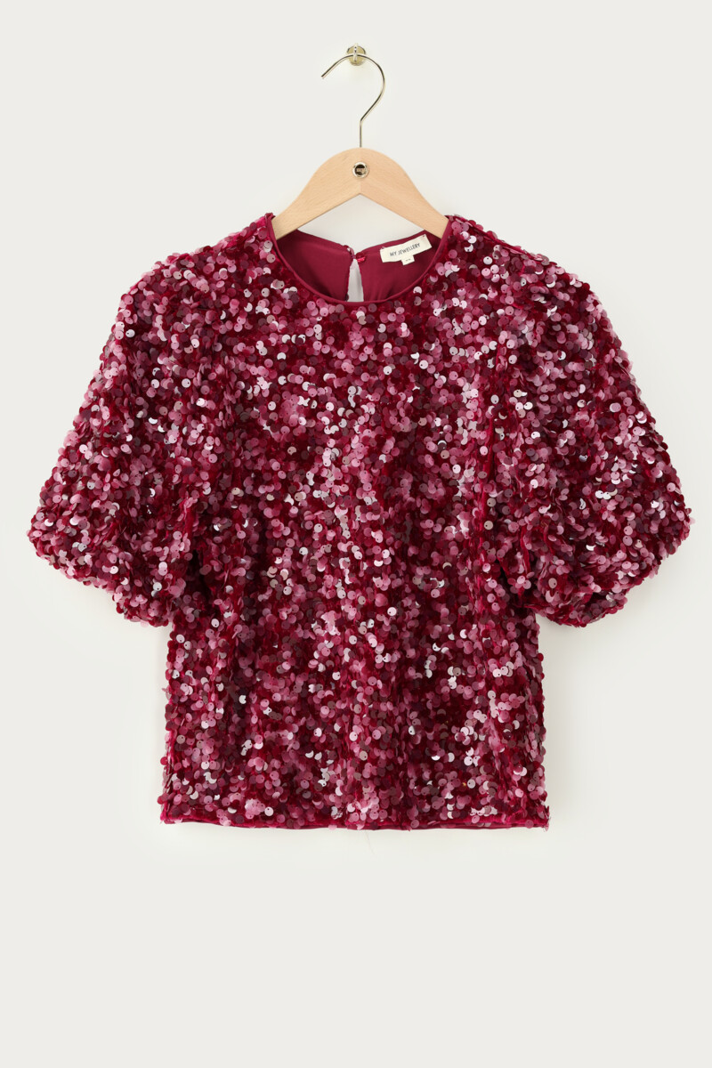 Purple top with puff sleeves and sequins | My Jewellery