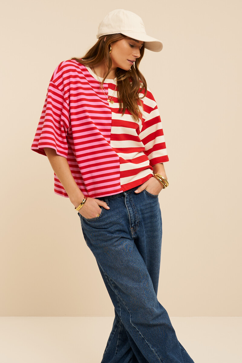 Red and pink striped T-shirt | My jewellery