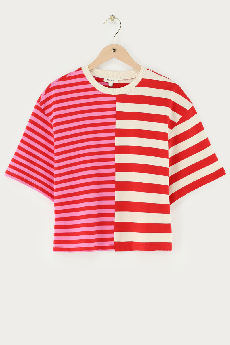 Red and pink striped T-shirt | My jewellery